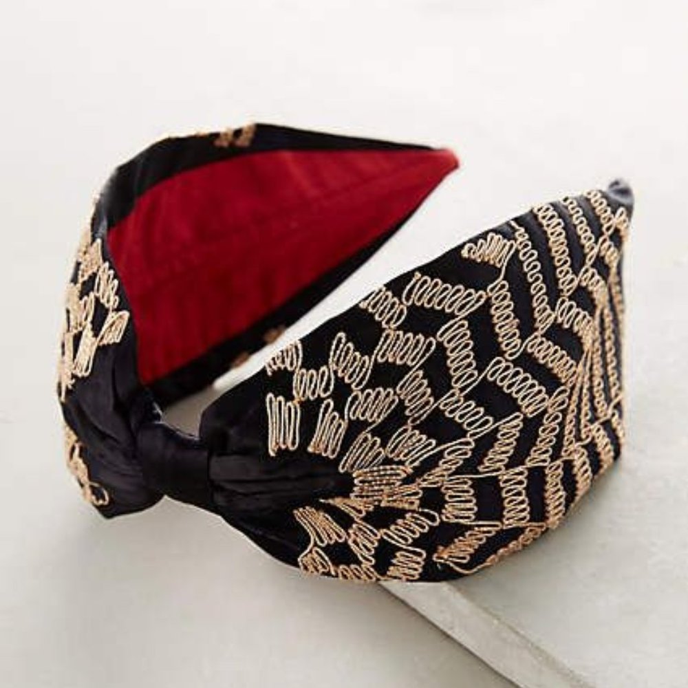 NWT Anthro Navy Turban Headband w Gold Embroidery
